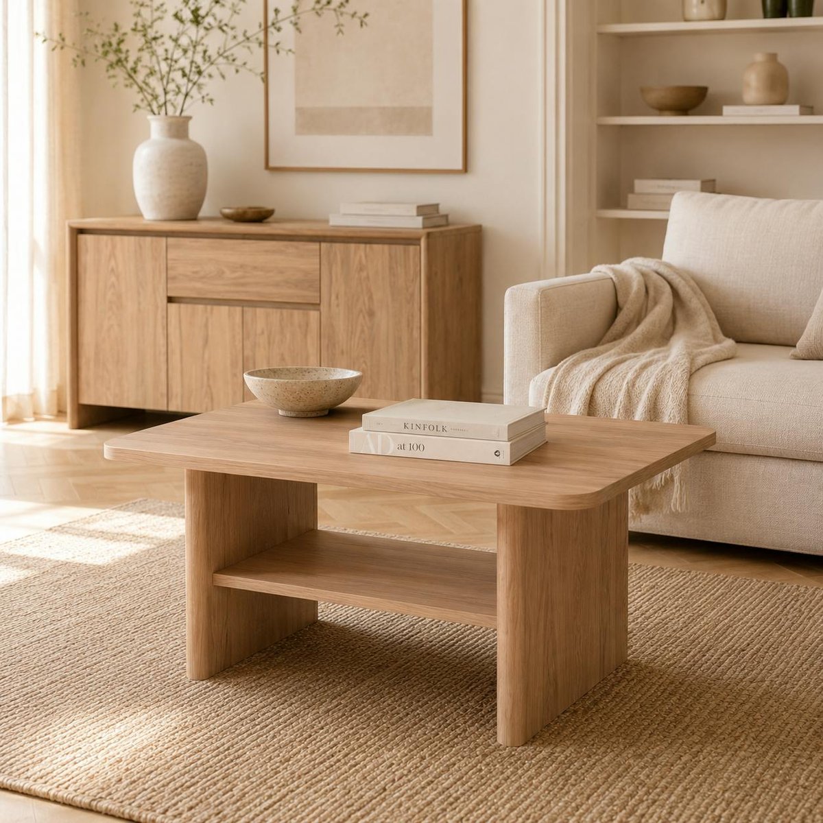 Table basse rectangulaire effet bois à double plateau ALVA bois naturel, PIER IMPORT