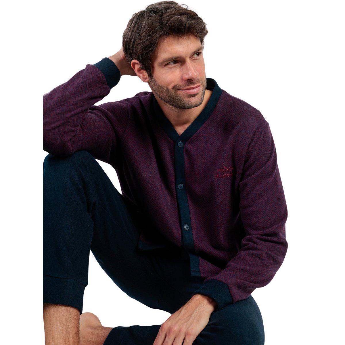 Pyjama pantalon chemise manches longues Claret bordeaux, ADMAS