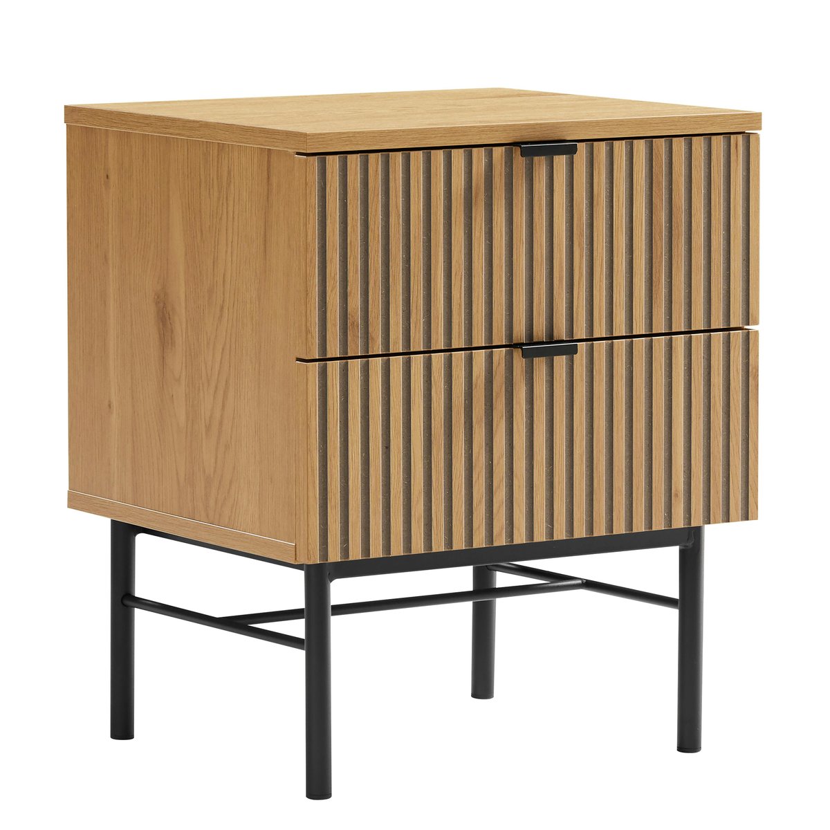 Chevet 2 tiroirs décor effet bois rainuré noir et naturel OLETTA bois naturel, PIER IMPORT