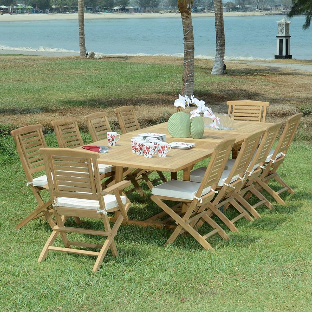 Salon de jardin teck massif Elda, 10 places naturel, TECK ATTITUDE