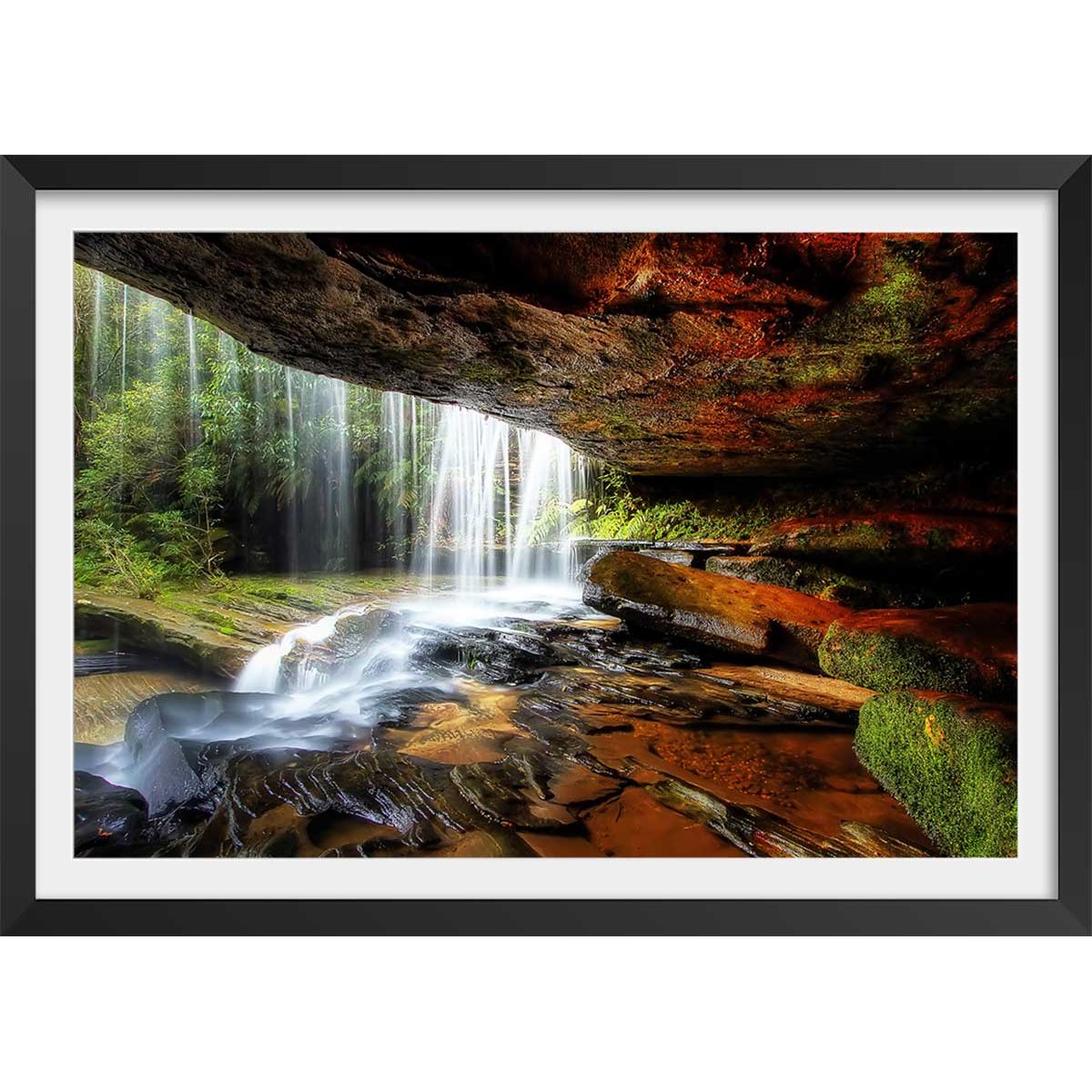 Affiche nature chute d'eau affiche + cadre en bois - noir, HEXOA