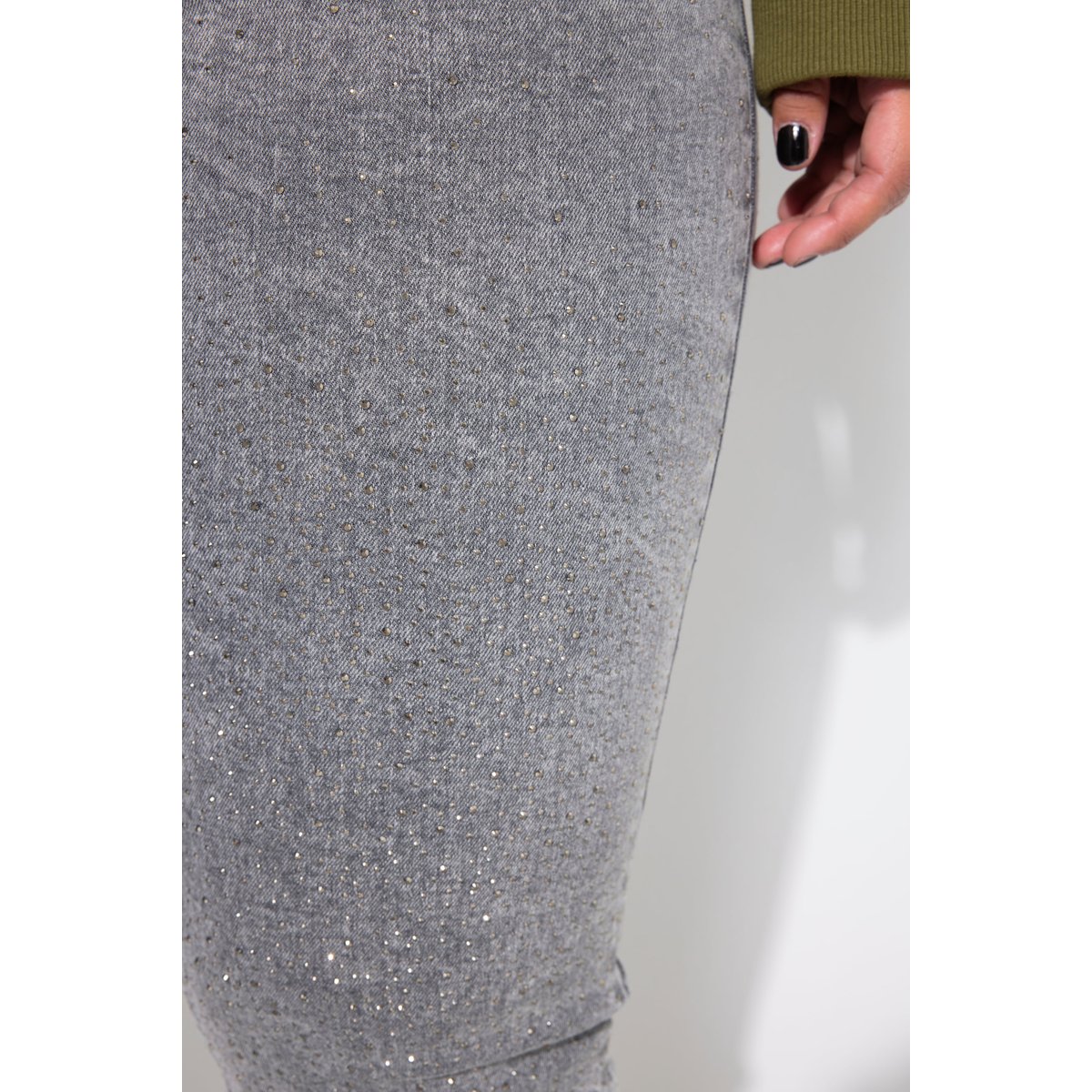 Jean mom à strass. Coupe Wide Legs 5 poches jean gris, STUDIO UNTOLD