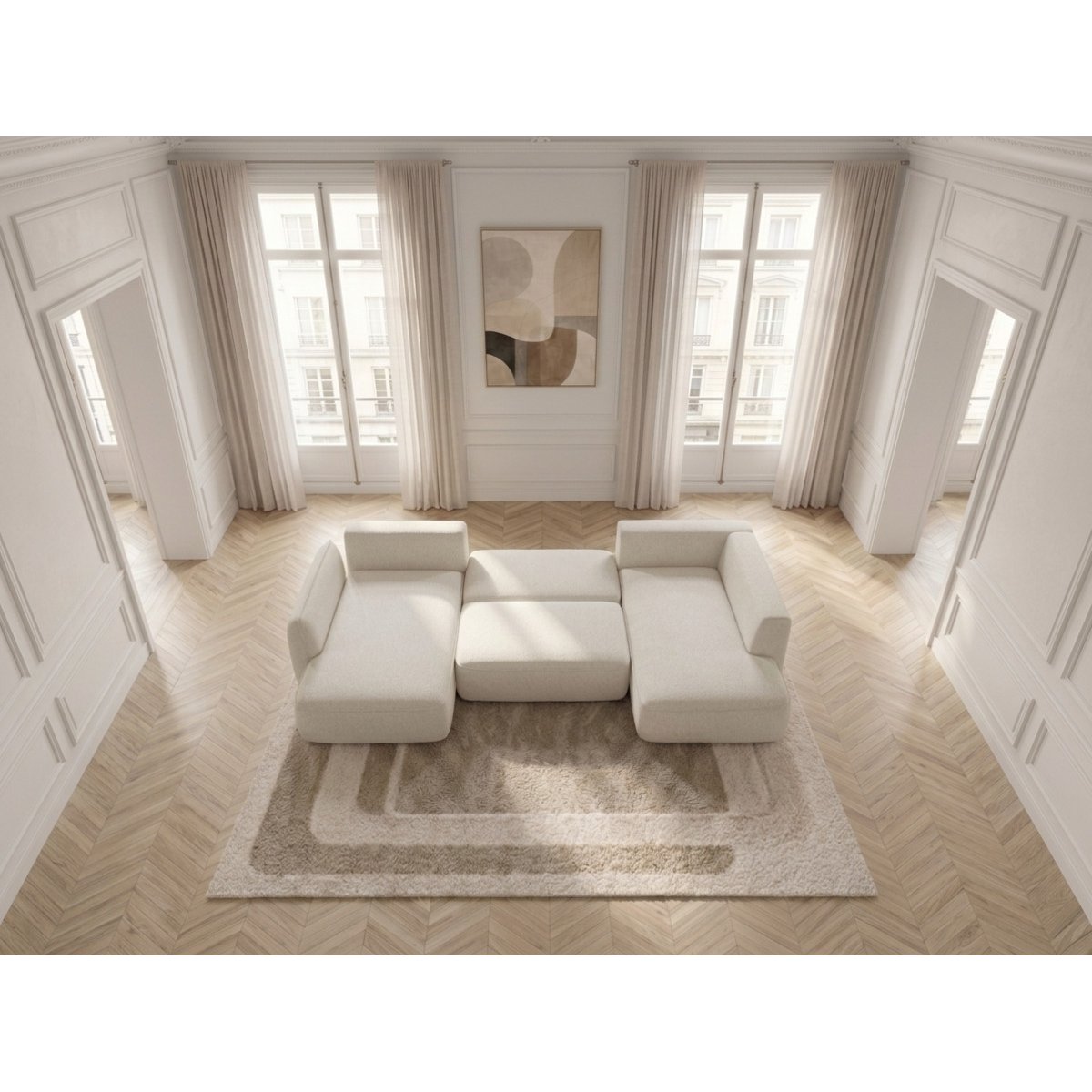 Canapé d'angle convertible 5 places en tissu chenille, ESMEE blanc, BOBOCHIC