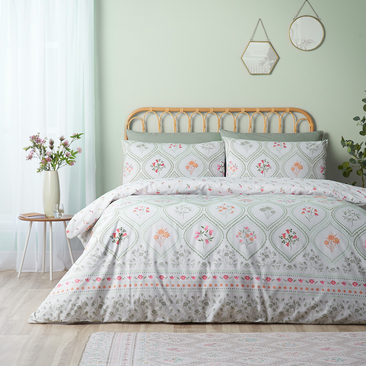 Cameo Floral Reversible Duvet Cover And Pillowcase Set soft green, CATHERINE LANSFIELD