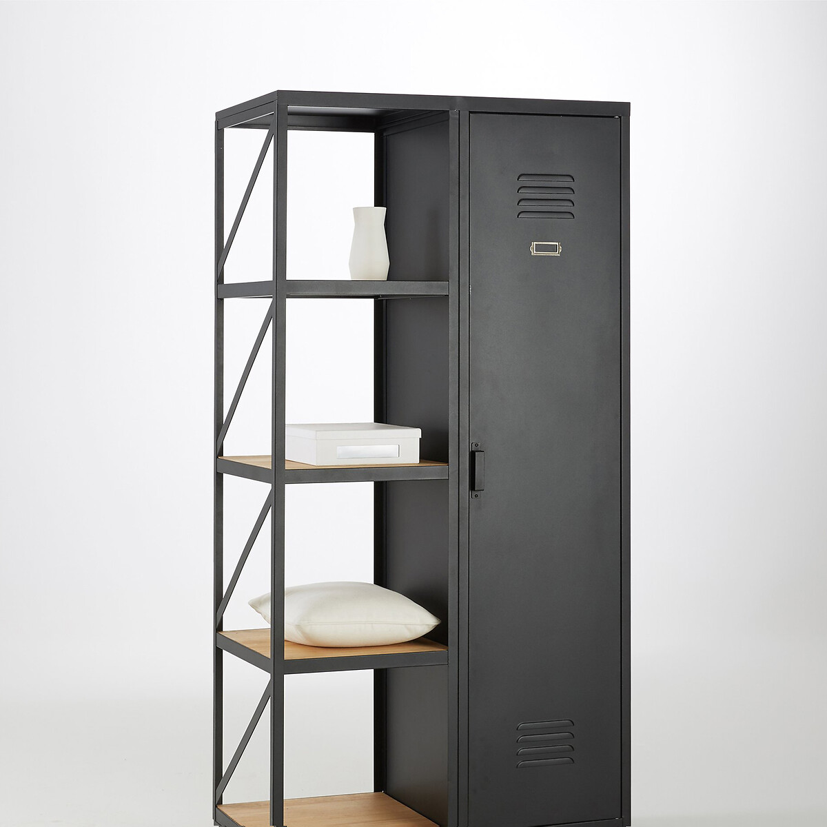 Etagère-kast 1 deur, staal en geolied grenen, Hiba zwart, LA REDOUTE INTERIEURS