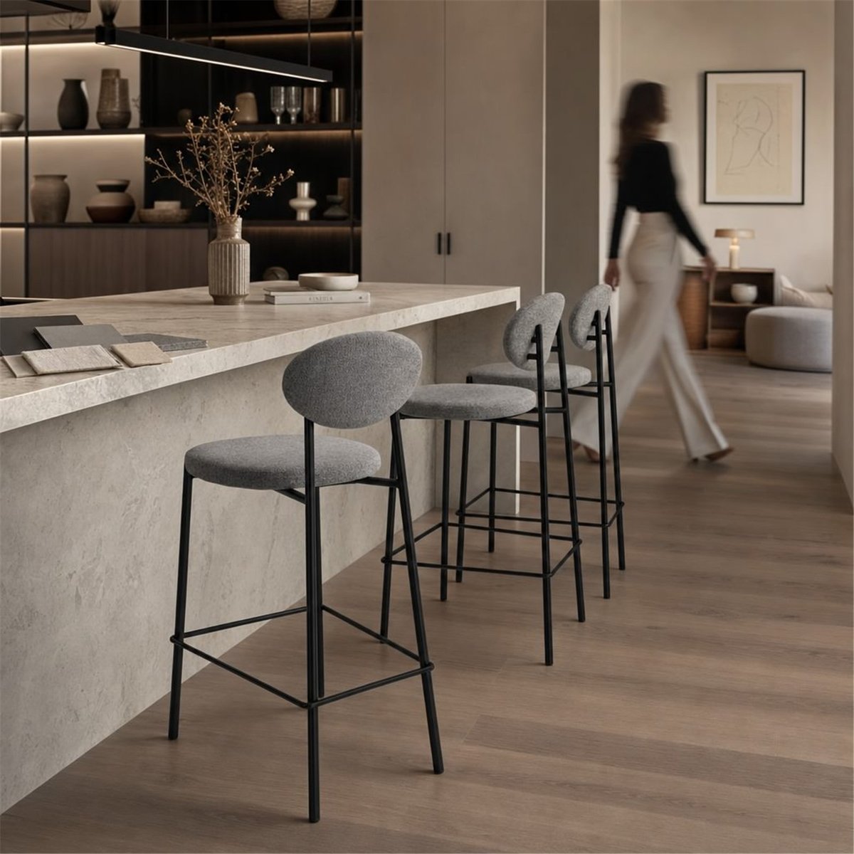 Tabouret de bar en tissu et métal gris et noir, RECOLLECTION