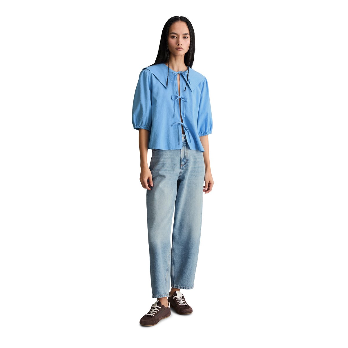 Blouse de marin à manches courtes Crinkle regular en coton bio léger bleu moyen, MARC O’POLO DENIM