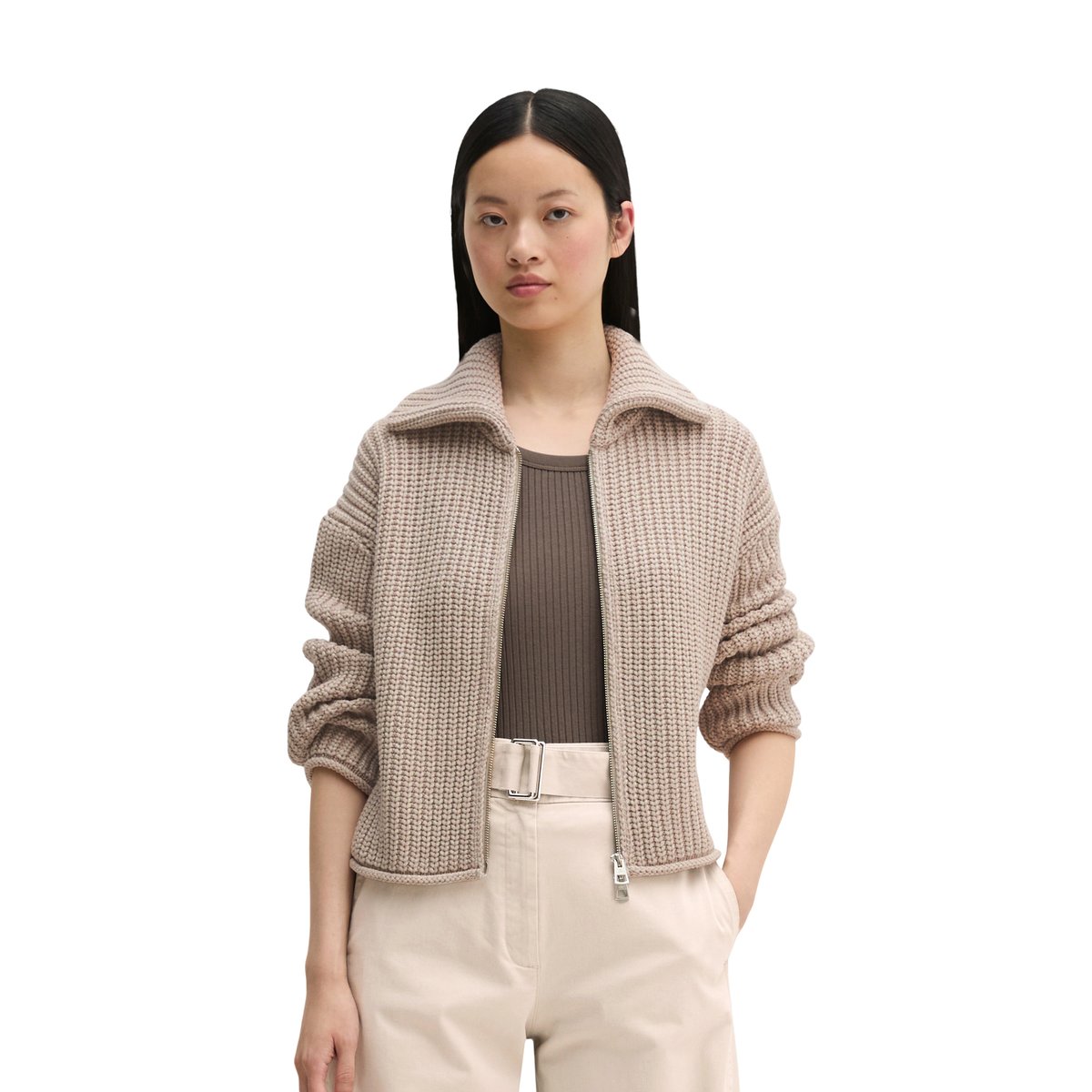 Cardigan zippé loose en mélange de coton organique gris, MARC O'POLO