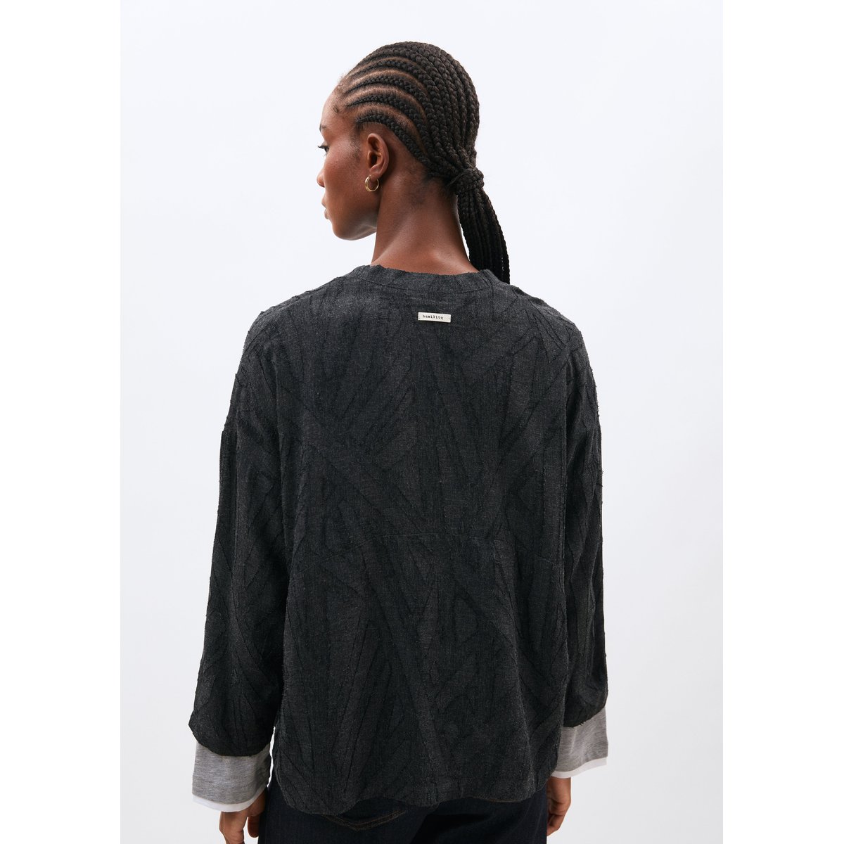 Chemise manches 3/4 en flanelle jacquard anthracite, HUMILITY