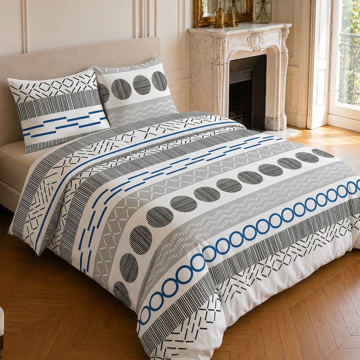 Parure de lit en microfibre motif géométrique, VAGUE bleu, C DESIGN HOME TEXTILE