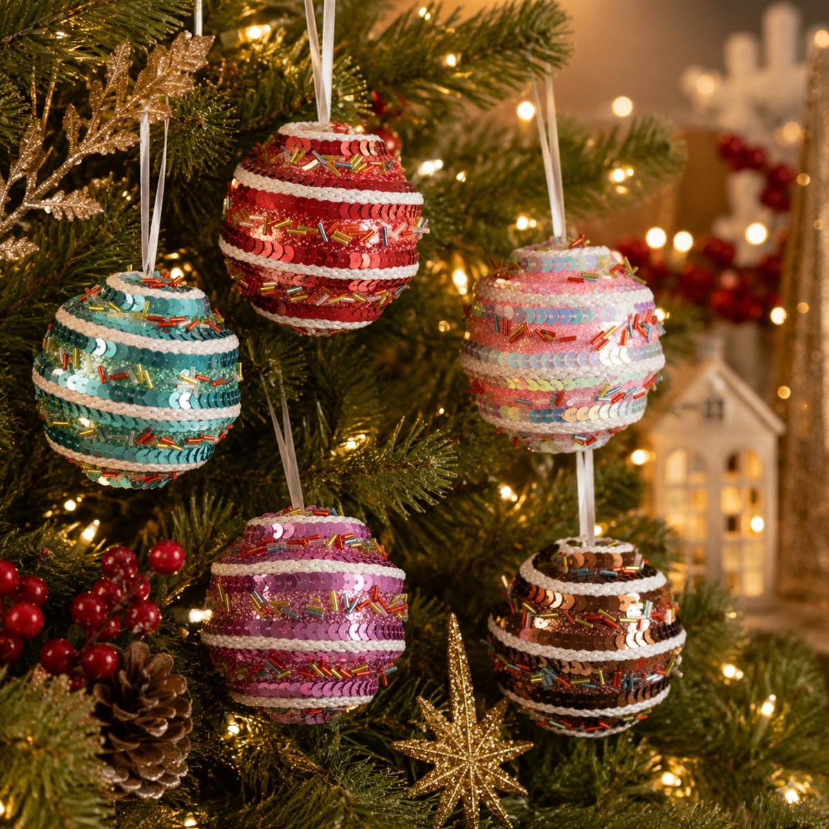 Lot de 5 boules de Noël pailletées – Multicolore multicol, EDEN