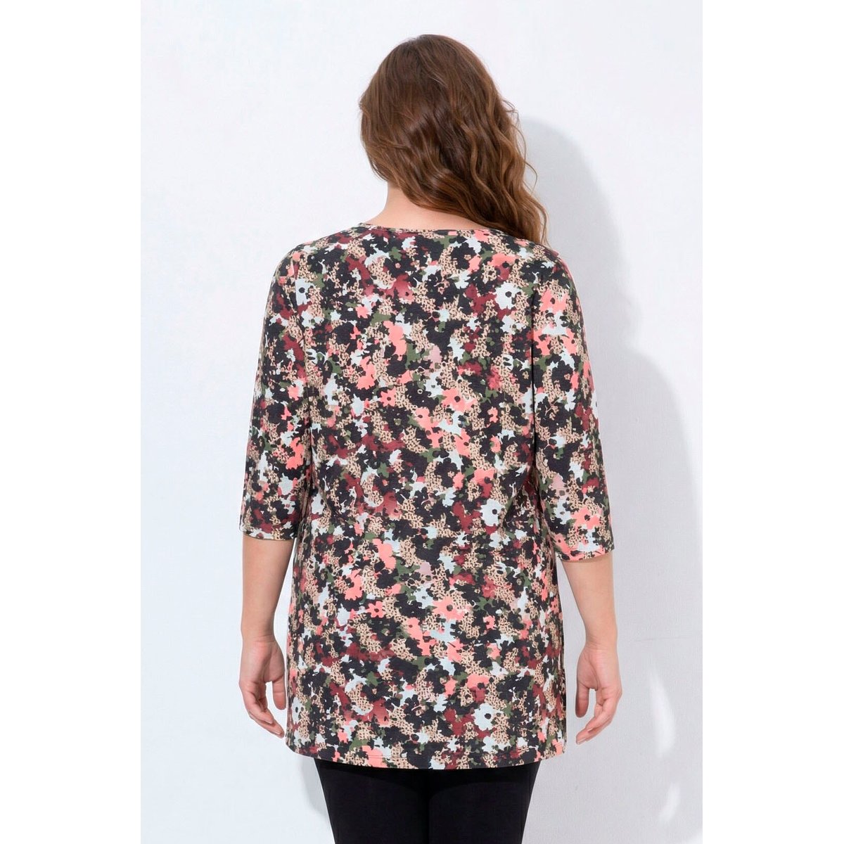 T-shirt long, fleurs, coupe en A, col rond gris olive, ULLA POPKEN