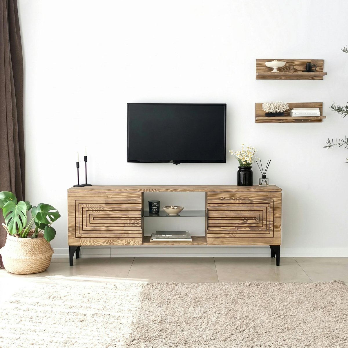 Meuble TV bois clair sculpté - 2 étagères assorties LECCE bois naturel, PIER IMPORT