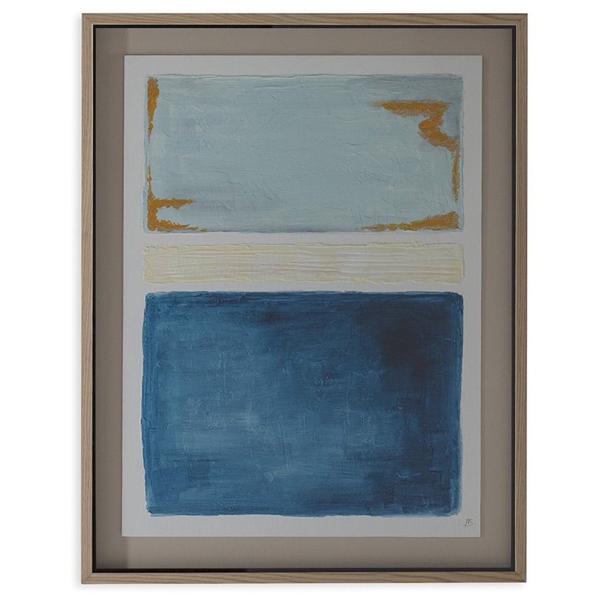 Tableau abstrait encadré en bois et verre bleu, blanc et doré, RECOLLECTION