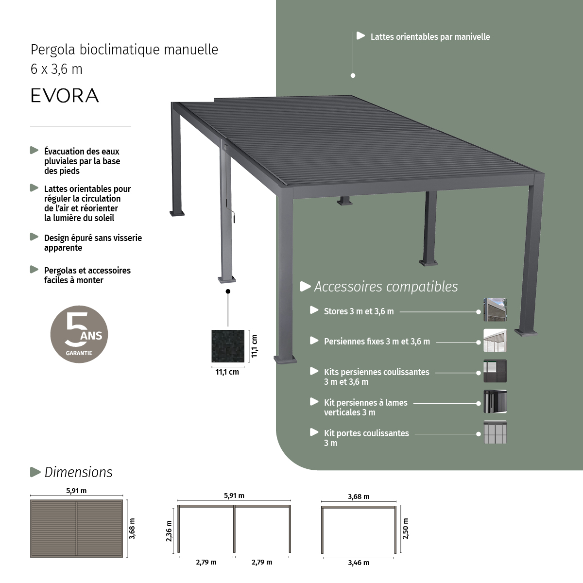 Pergola bioclimatique en aluminium à lattes orientables 6x3,6m EVORA gris, HESPERIDE