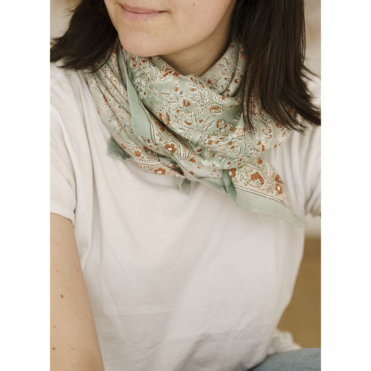 Grand foulard coton imprimé SARIKA MATCHA imprimé bleu, BINDI ATELIER