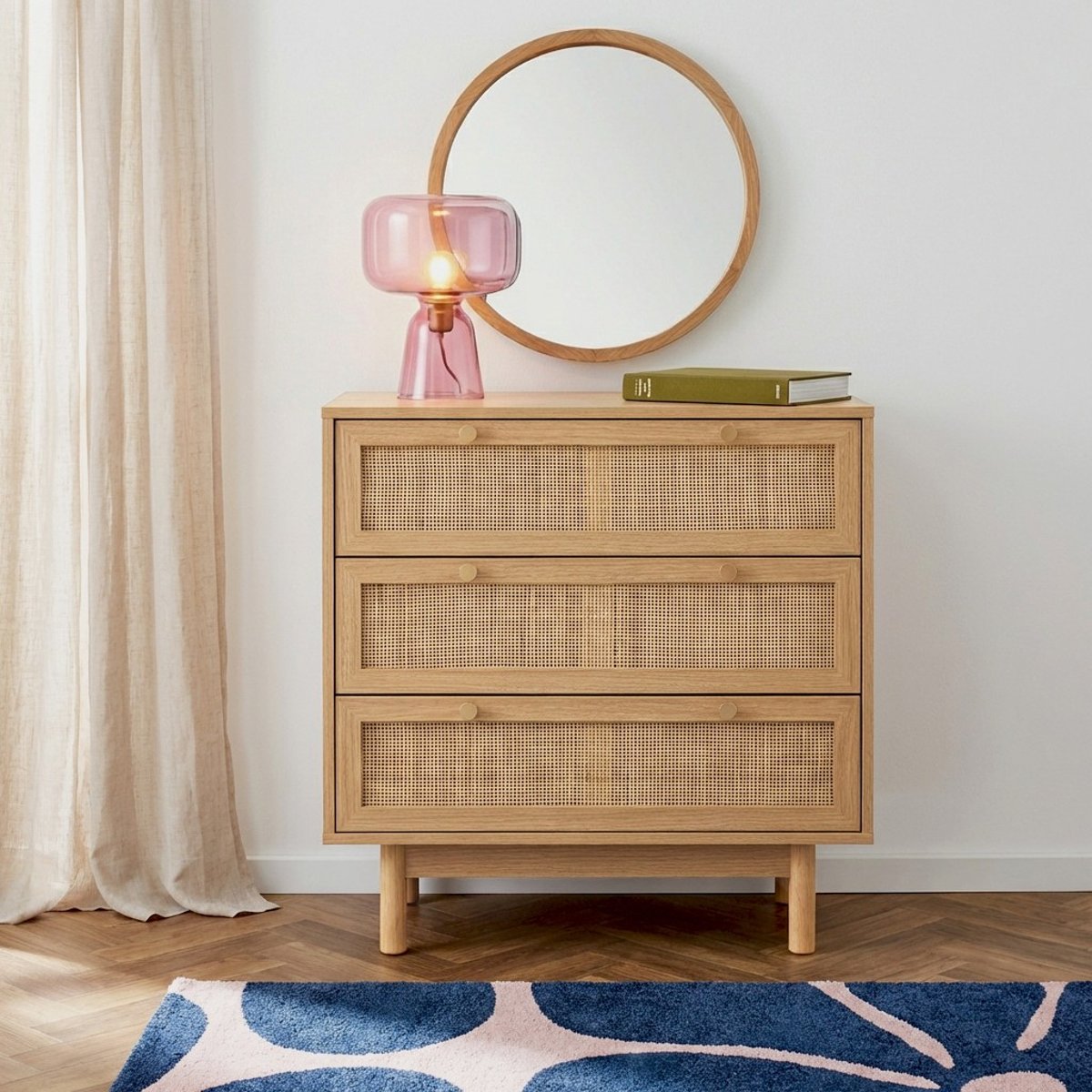 Commode cannage rotin 3 tiroirs HELENA chêne clair, BAÏTA