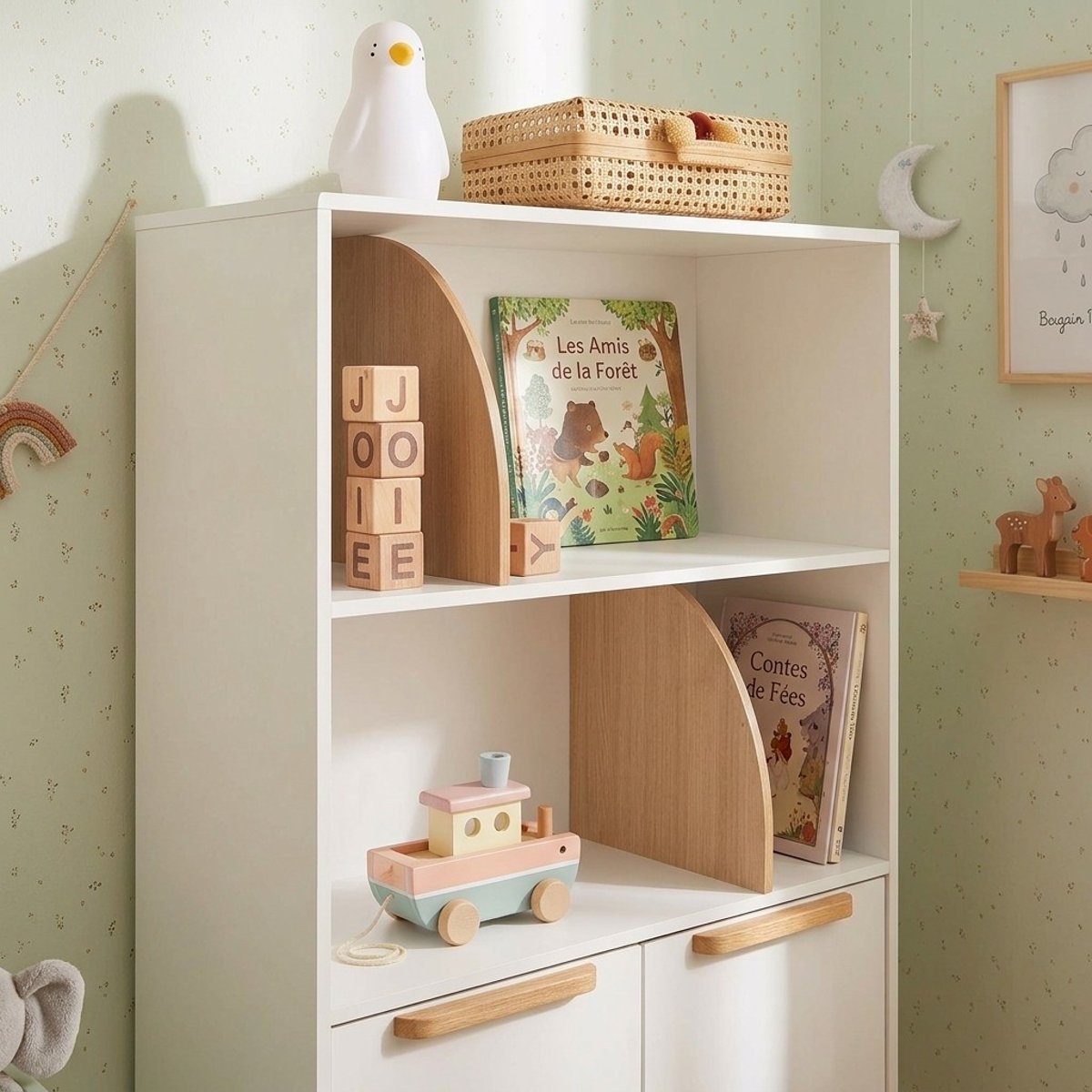 Bibliothèque enfant 2 portes ROME blanc et bois clair, BAÏTA