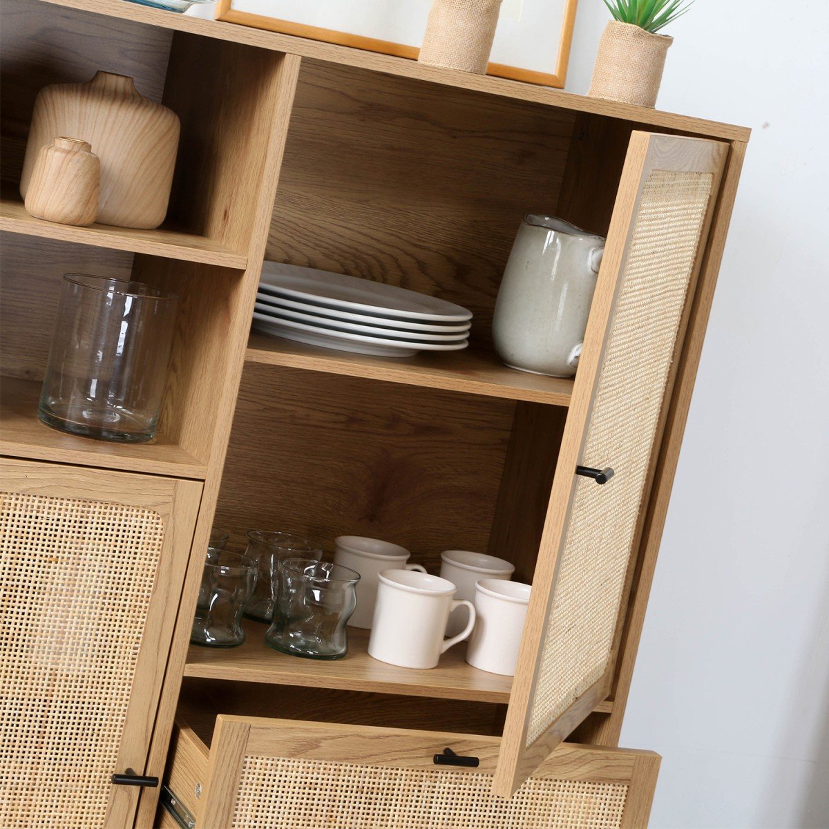 Buffet Haut avec Façades en Rotin Naturel - L100 x H120 cm - JAYA bois clair, CALICOSY