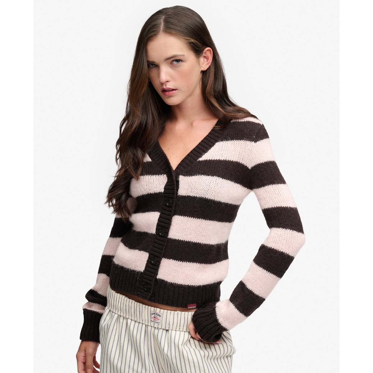 Cardigan Léger Col V Coupe Décontractée rayure brun foncé/rose pâle, SUPERDRY
