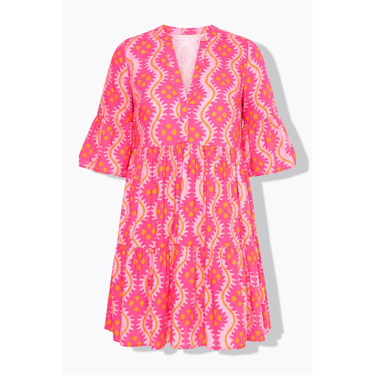 Robe courte évasée, imprimé, volants rose fluo, STUDIO UNTOLD