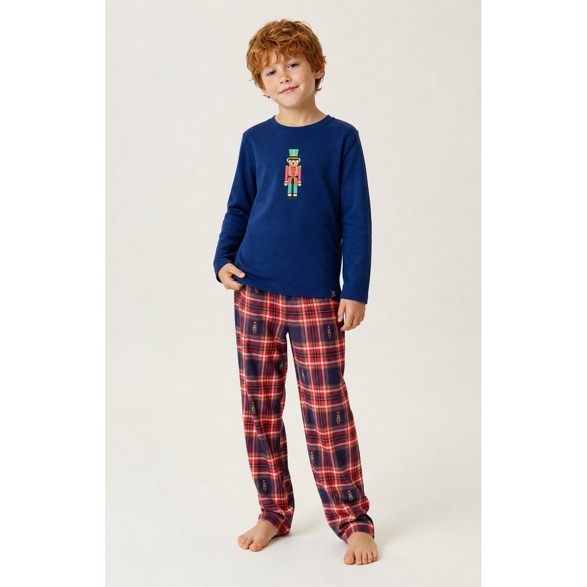 Pyjama enfant en jersey de coton épais à carreaux Léon rouge, ARTHUR