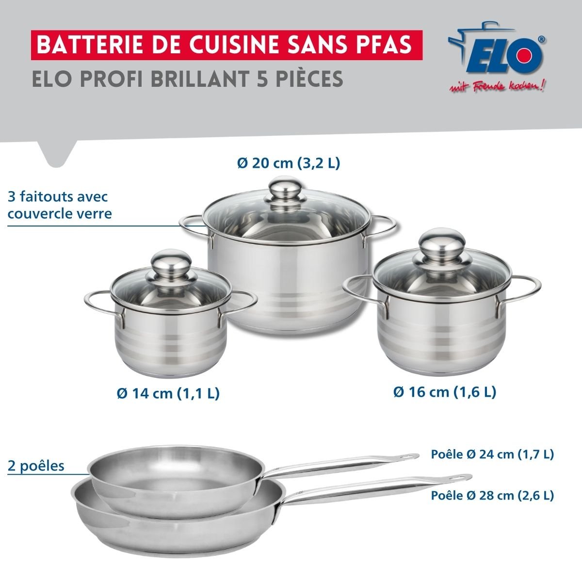 Batterie 2 poêles 24/28cm + 3 faitouts 14/16/20cm PROFI BRILLANT gris, ELO