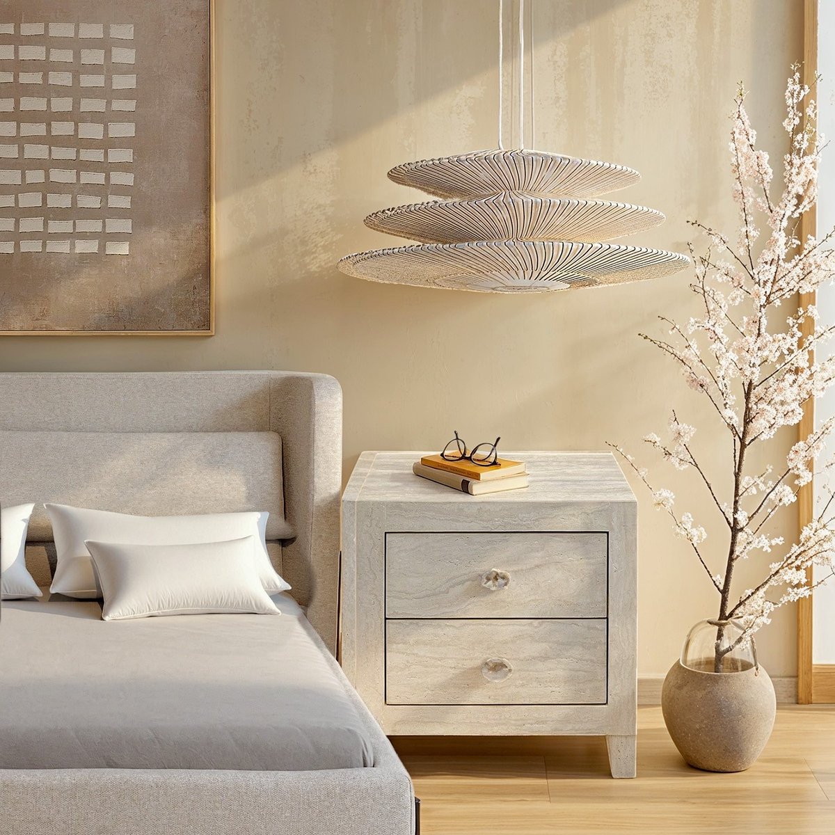 Chevet 2 tiroirs imitation pierre, TRAVERTINO beige, KARE DESIGN