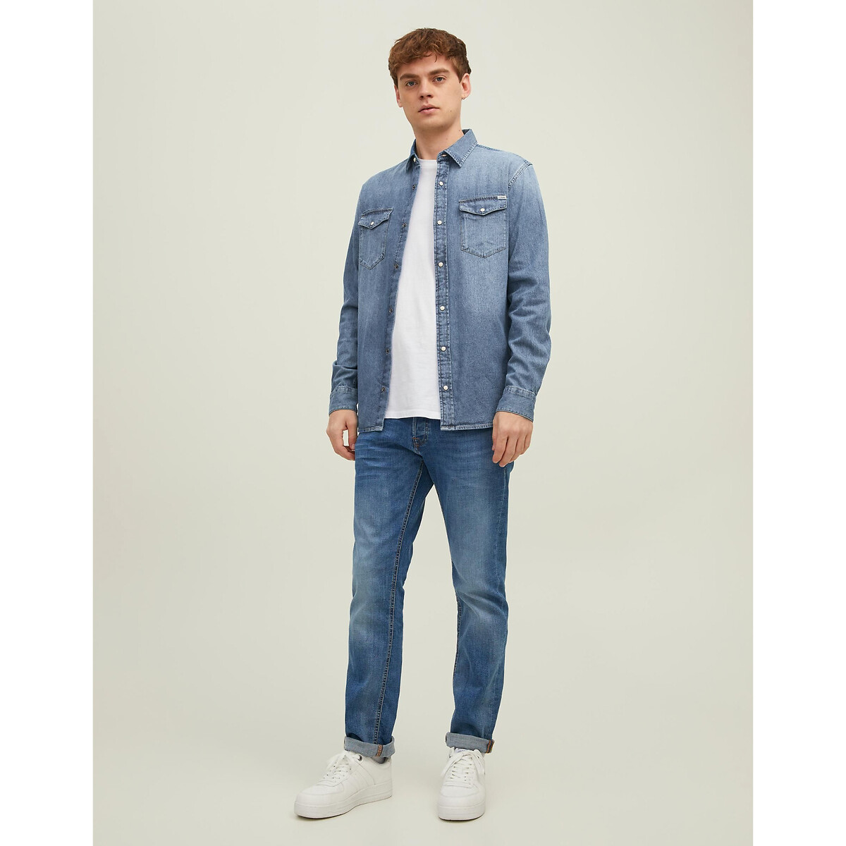 Camisa em ganga, slim azul-médio, JACK & JONES