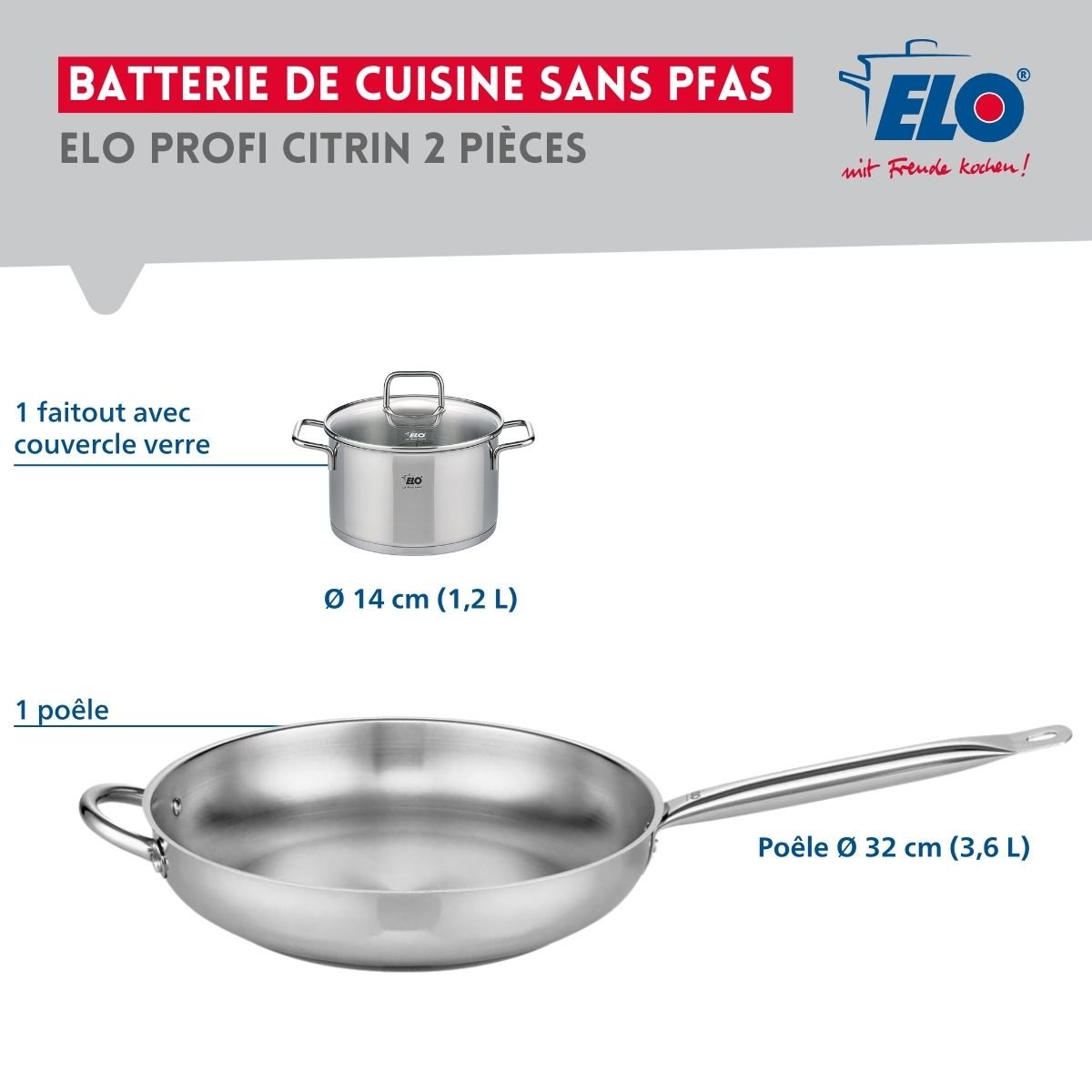 Batterie de cuisine 1 poêle 32cm + 1 faitout 14cm PROFI CITRIN gris, ELO