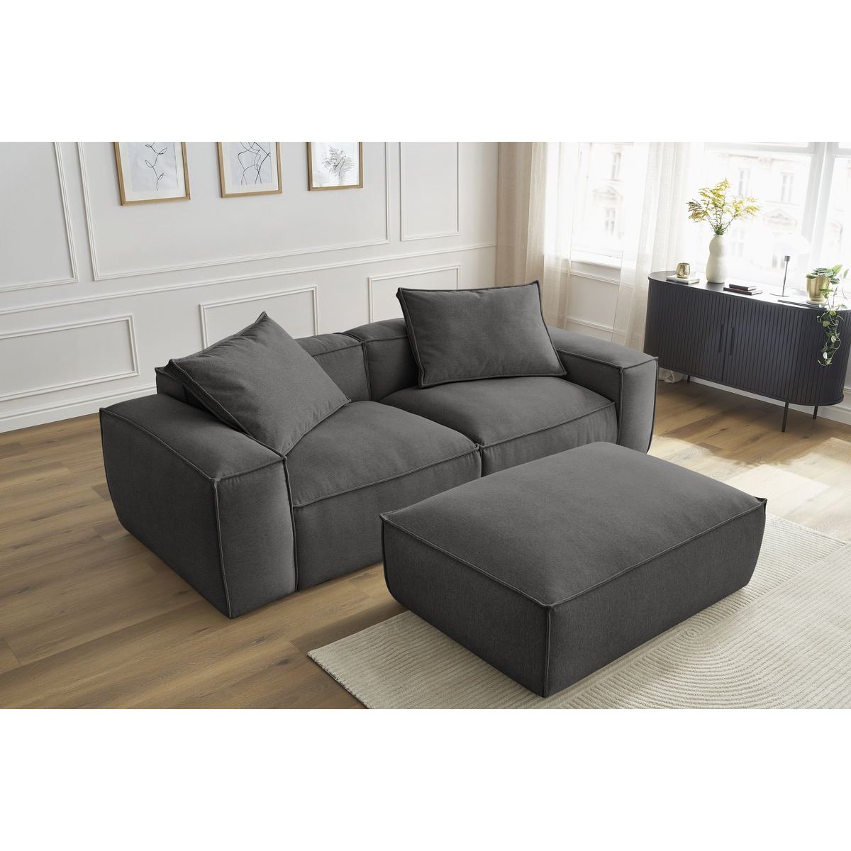 Canapé droit fixe 4 places en tissu chiné avec pouf, BOHEME gris foncé, BOBOCHIC