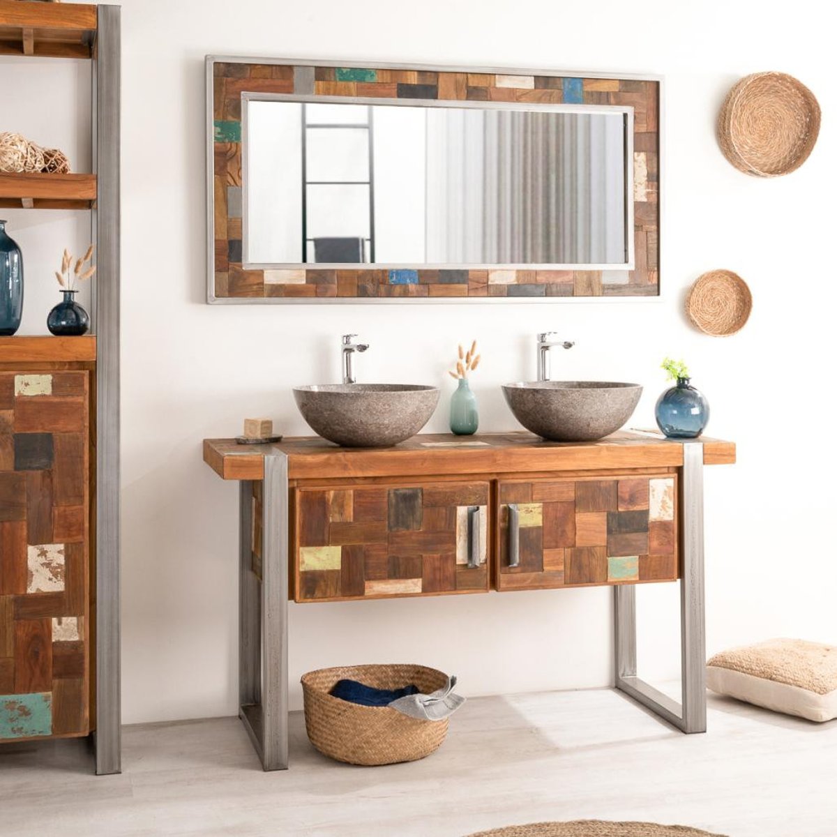 Grand miroir de bois métal rectangle 140x70 FACTORY naturel, WANDA COLLECTION