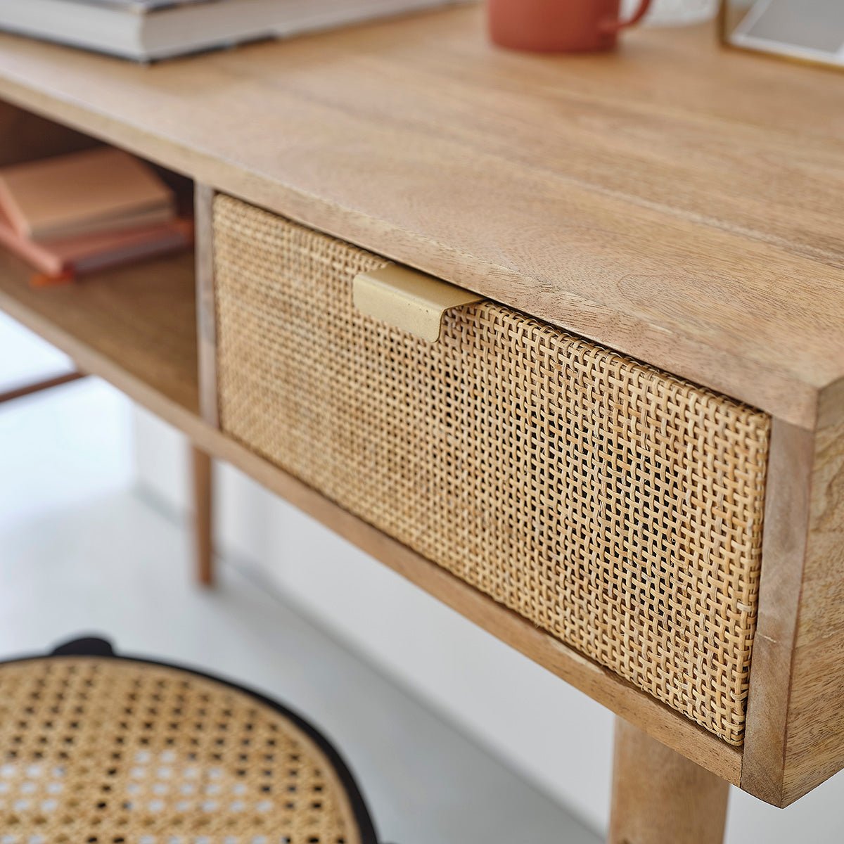 Bureau en bois de manguier et cannage 2 tiroirs  FELICIE naturel, BERAH GETAH