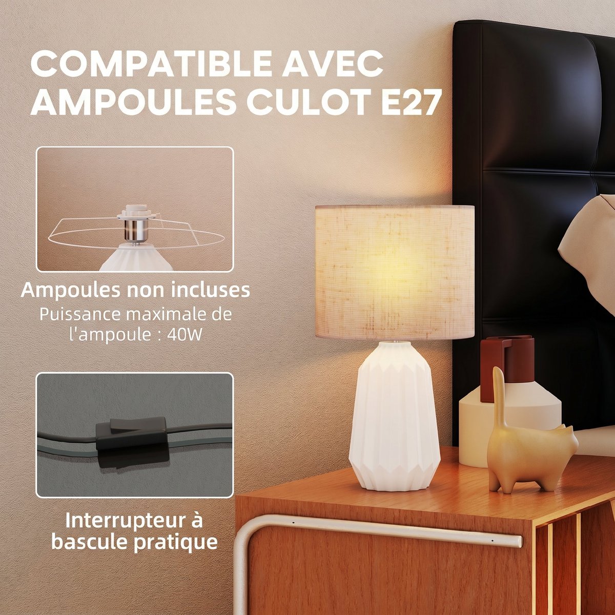 Lampe de table Céramique Blanc et Beige blanc et beige, HOMCOM