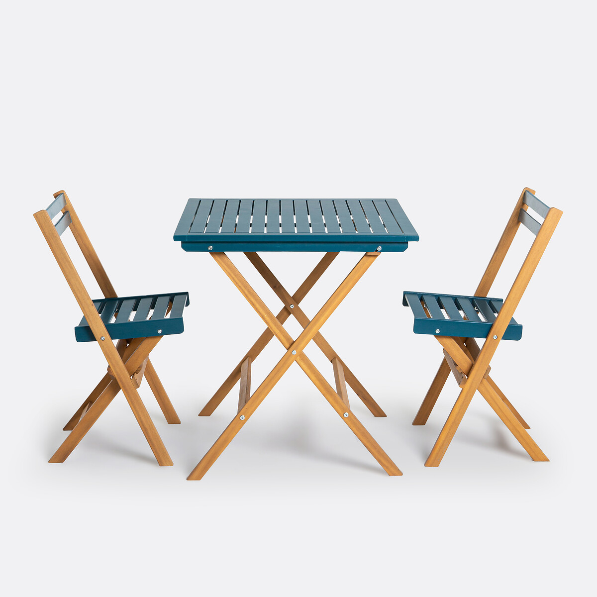 Set de jardin pliable, en acacia, 2 places, table carrée et 2 chaises, DUDENA bleu de prusse, LA REDOUTE INTERIEURS