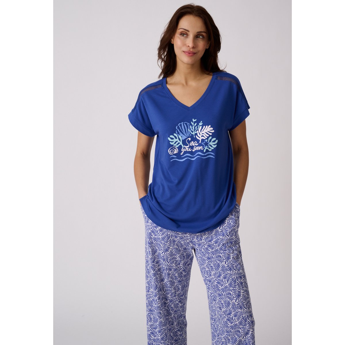 Pyjama 7/8ème Climatyl en maille jersey bleu feuillage, DAMART