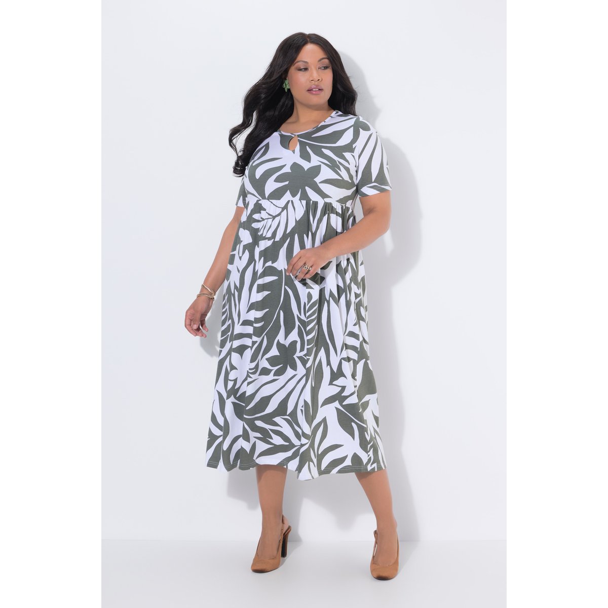 Robe maxi motif feuilles gris olive, ULLA POPKEN