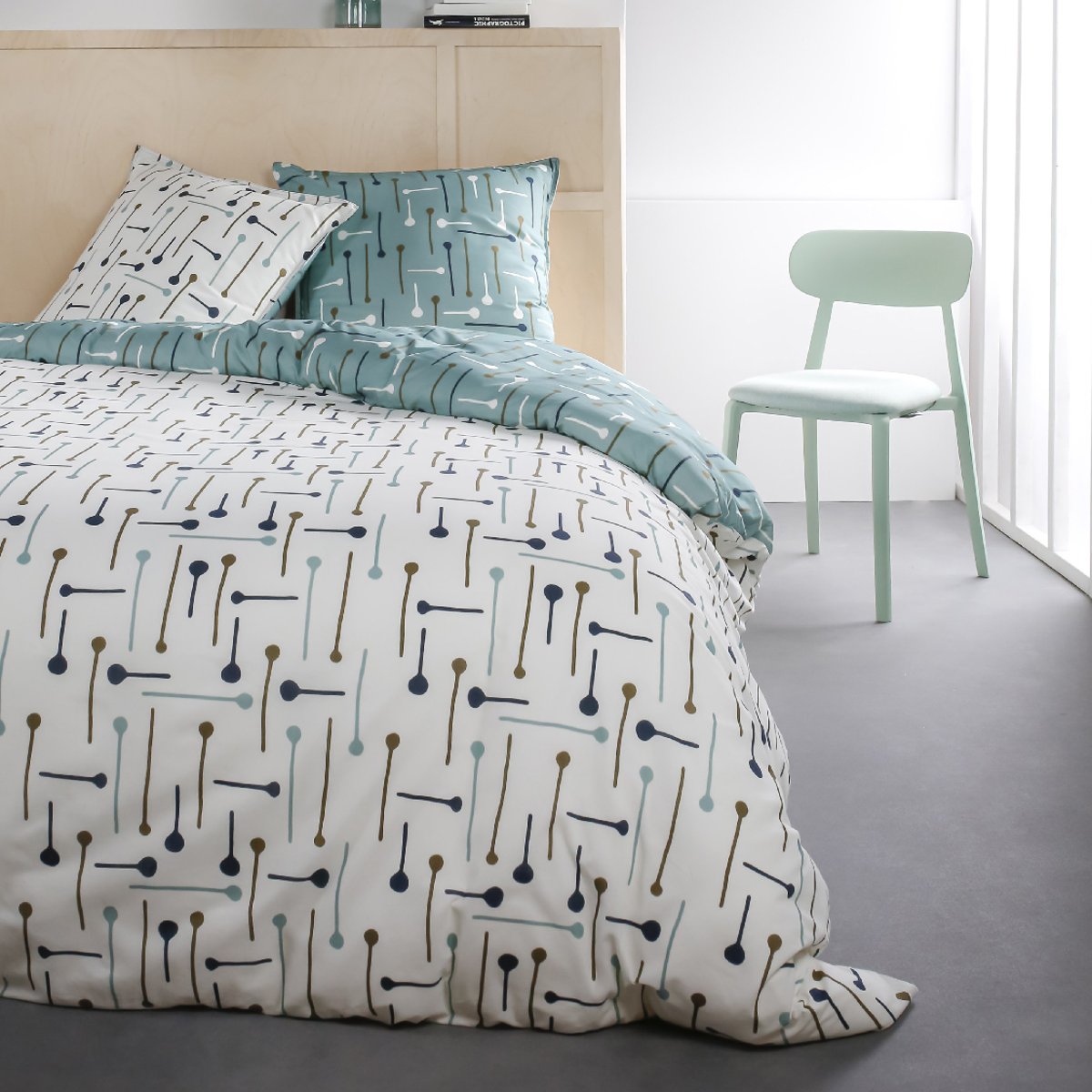 Parure de lit coton 2 personnes imprimé graphique SUNSHINE blanc, TODAY