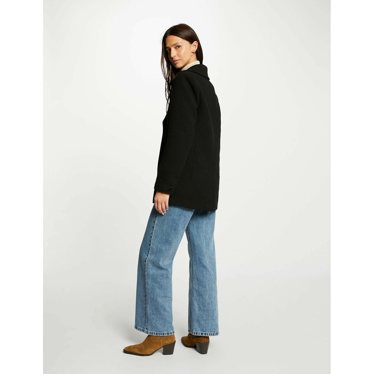 Manteau mi-long fermeture boutonnée noir, MORGAN