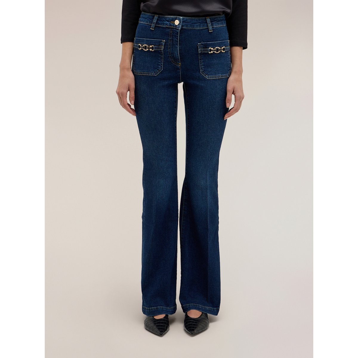 Jean flare taille haute avec application bijou bleu, MOTIVI