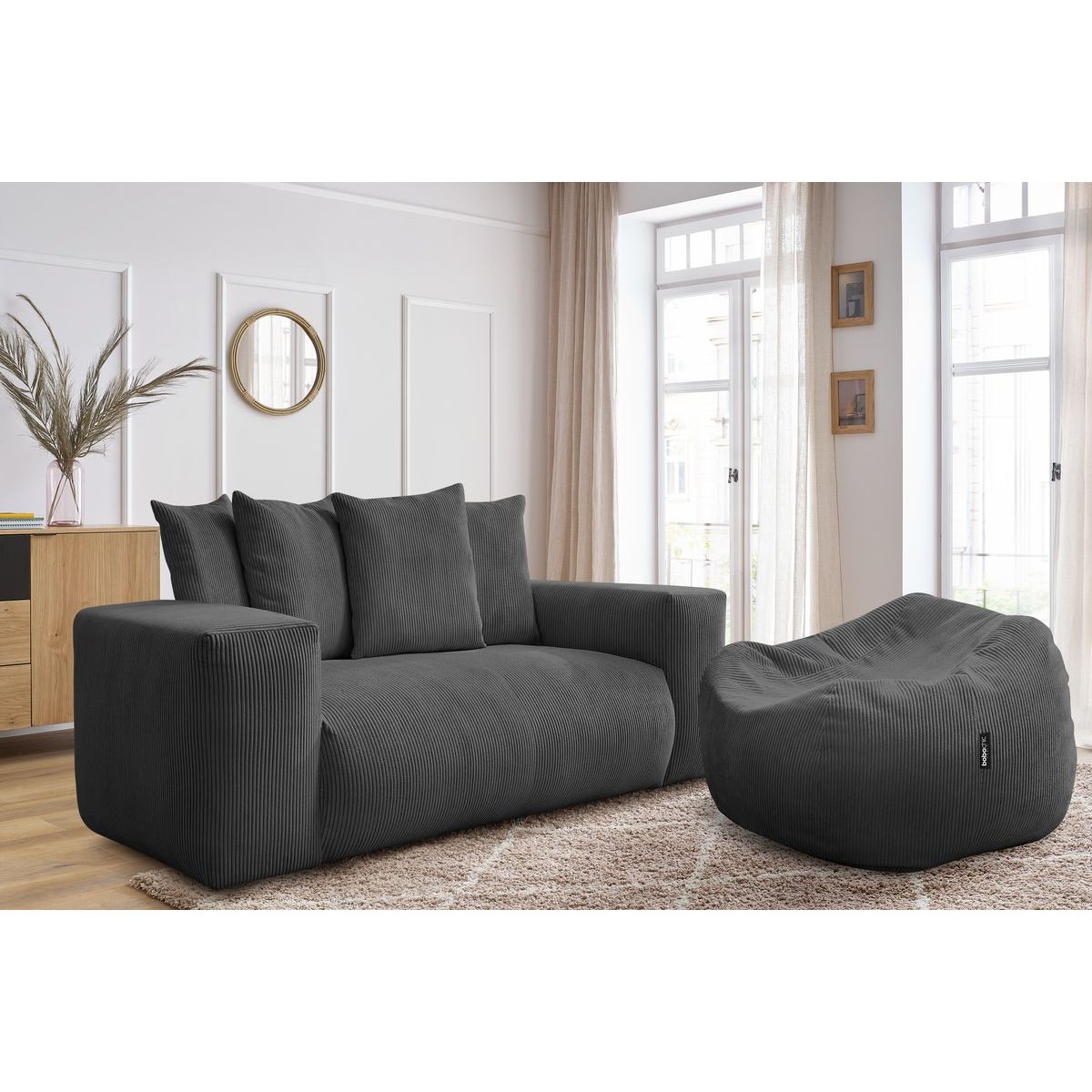 Canapé droit fixe 2 places en velours côtelé avec pouf, VOLTAIRE gris foncé, BOBOCHIC