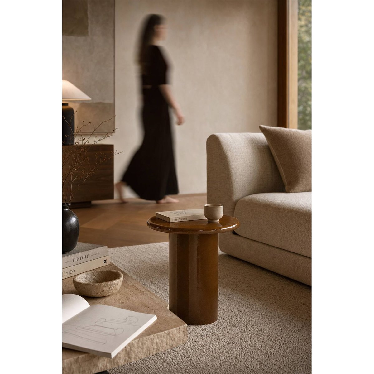 Table d'appoint ronde en céramique brillante brun, RECOLLECTION