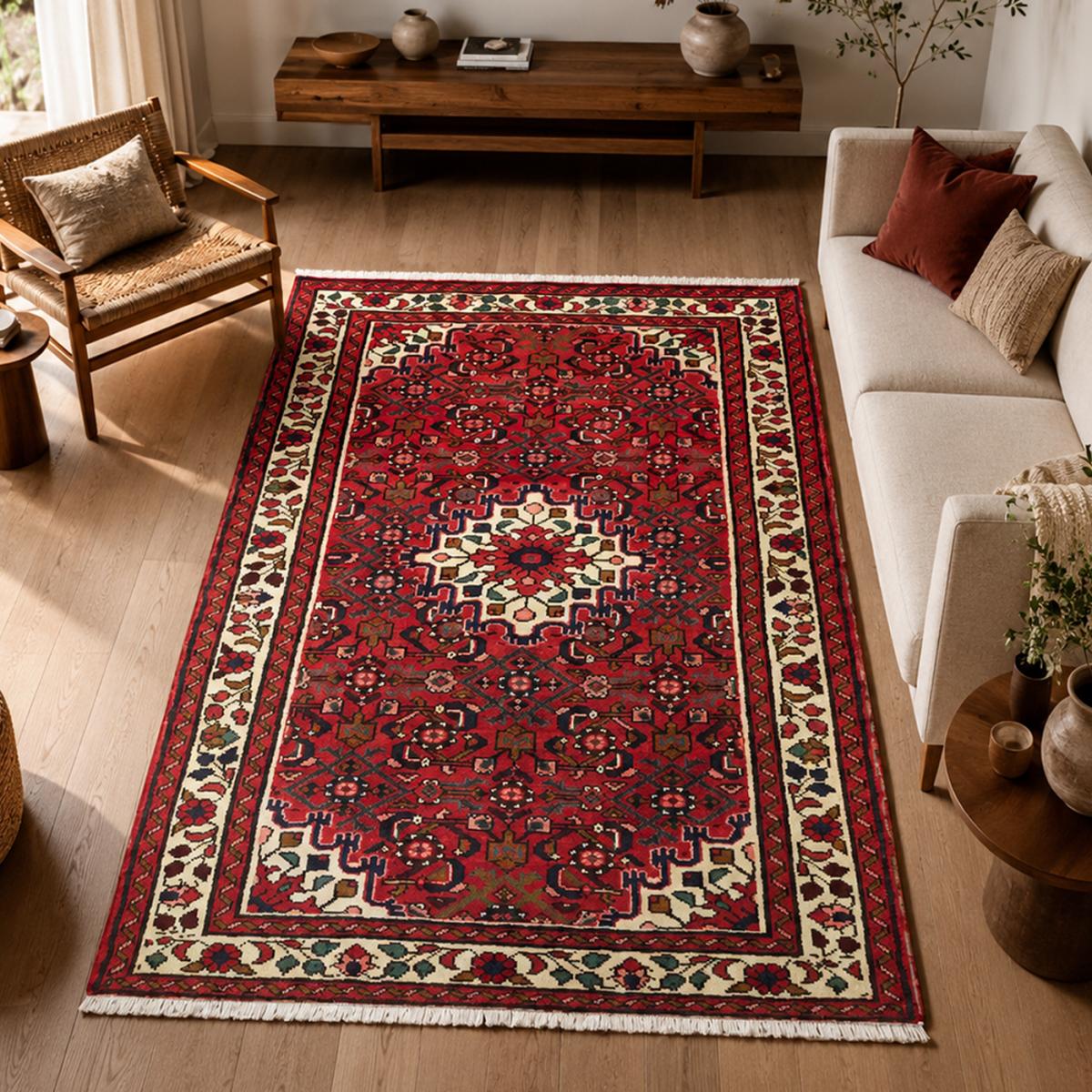 Tapis d'orient, motif oriental noué main en laine, HAMADAN 13 rouge, bleu, crème, UN AMOUR DE TAPIS