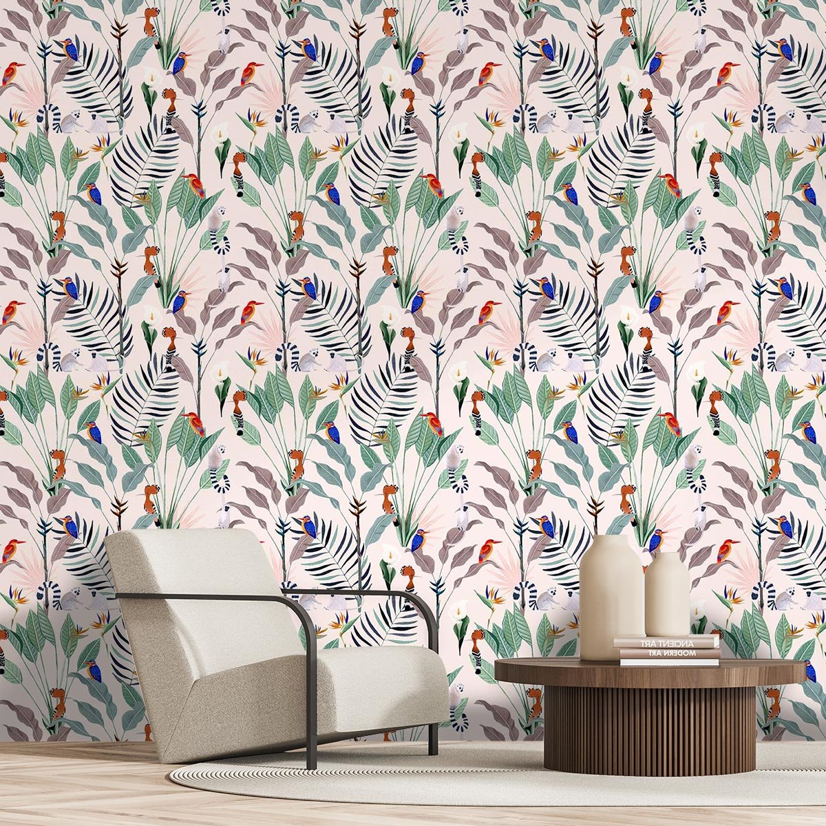 Papier peint oiseaux et lémuriens intissé, HEXOA
