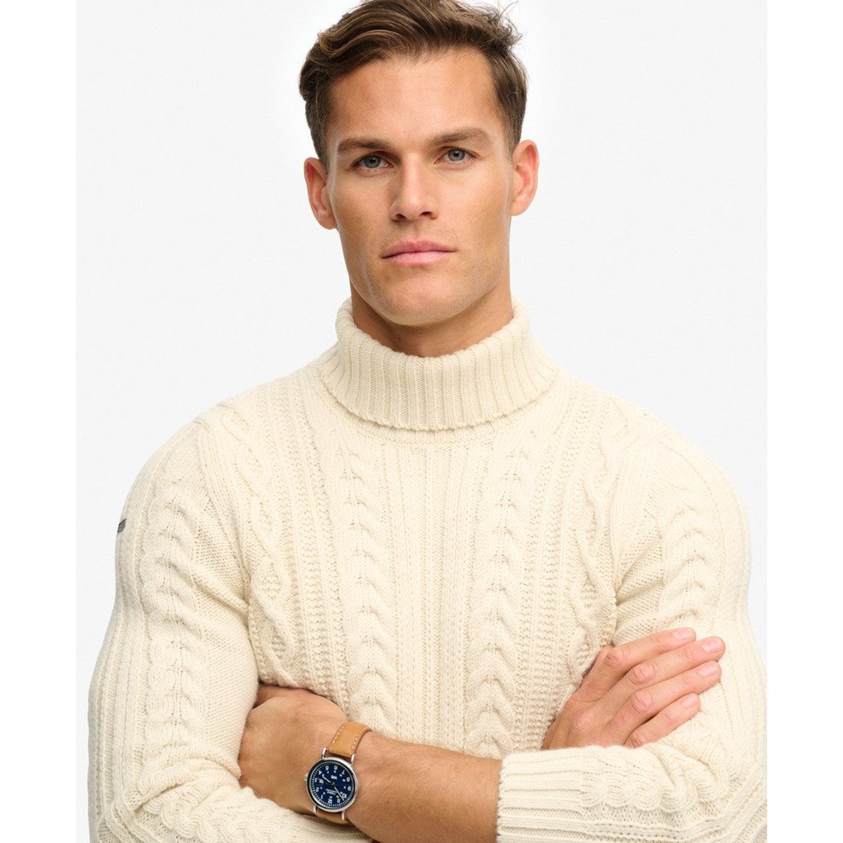 Pull torsadé à col roulé Jacob blanc hivernal, SUPERDRY