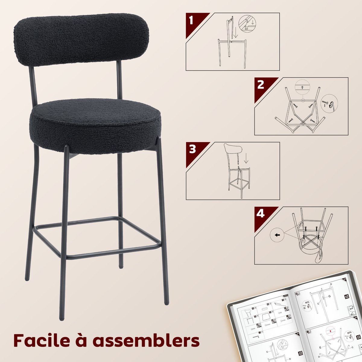 Tabouret de bar Tissu bouclette Noir noir, HOMCOM