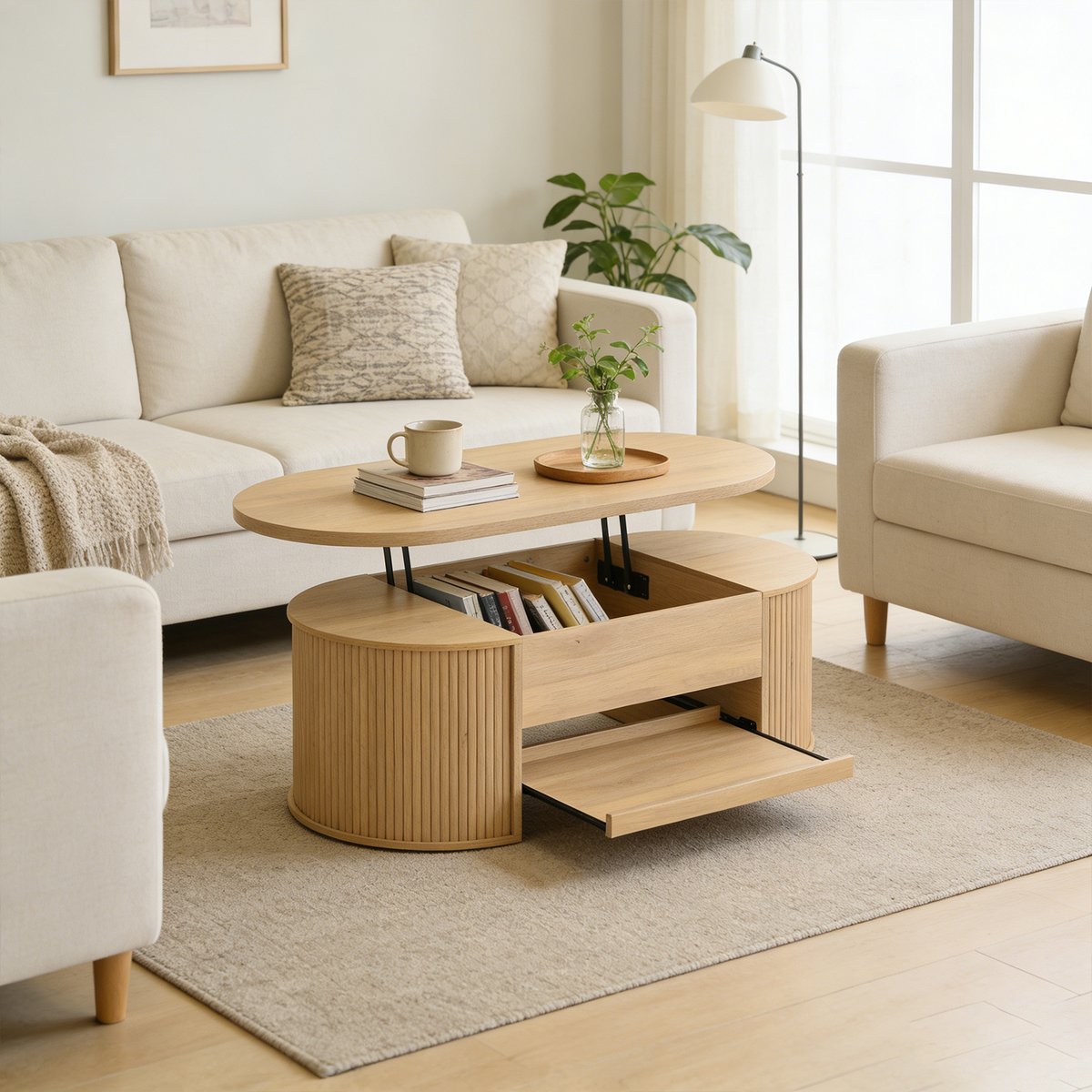 Table basse relevable panneaux courbes, CHESTNUT oak, MEUBLES COSY