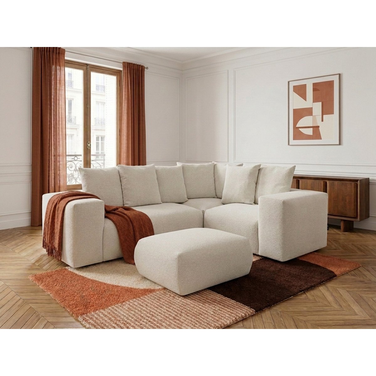 Canapé modulable 4 places en tissu chiné avec pouf, VOLTAIRE blanc, BOBOCHIC