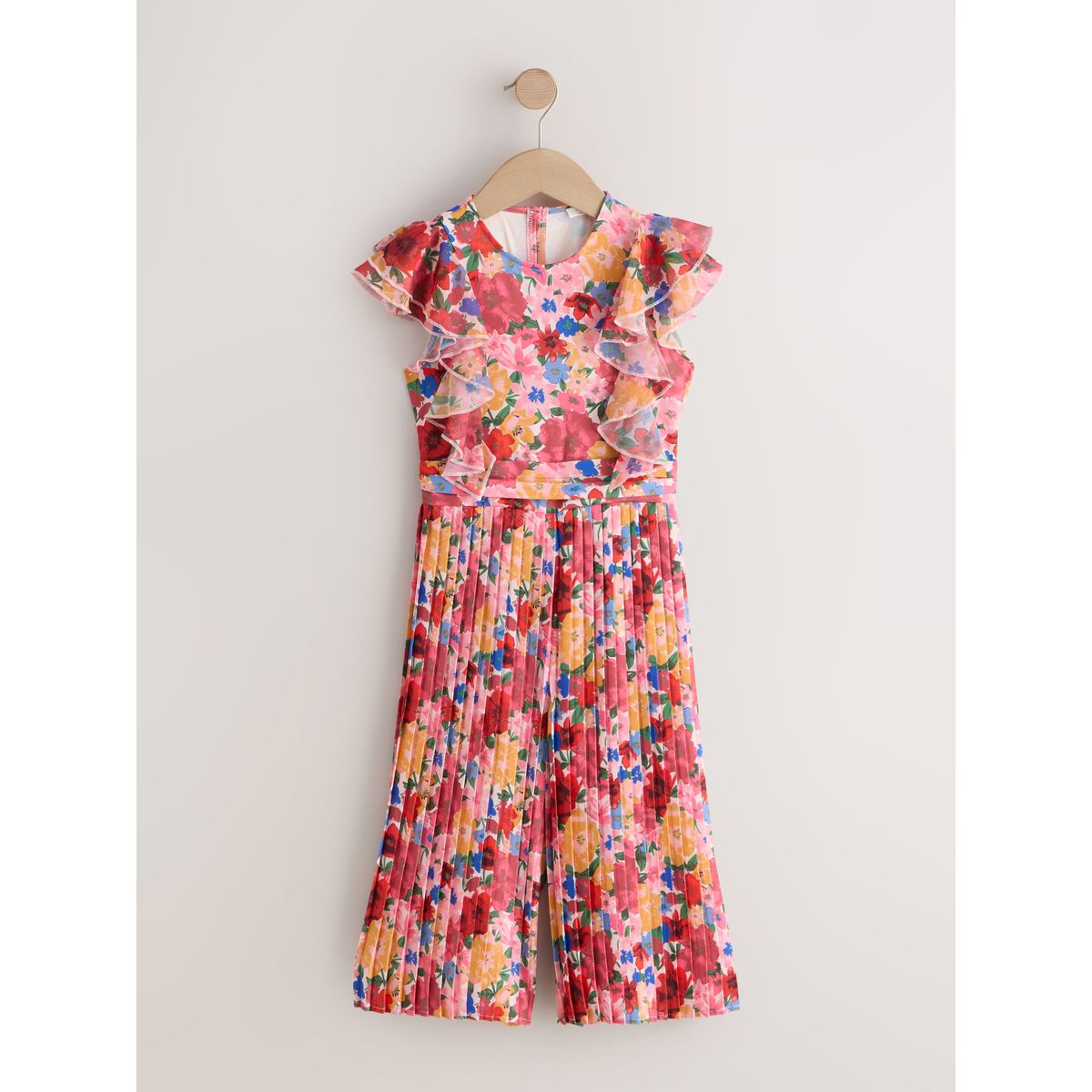 Combinaison plissée manches courtes à volants rose motif fleurs, NEXT