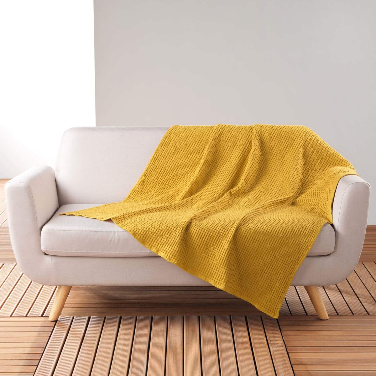 Plaid gaufrette en coton uni jaune, DOUCEUR D'INTÉRIEUR